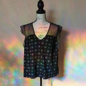 Lucky Brand Black Multicolor Patterned Blouse